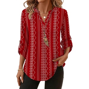 image:imageXIEERDUO 34 Length Sleeve Womens Tops V Neck T Shirts Both Side Buttons Blouses Business Casual Outfits Loose FitZ Red Printed