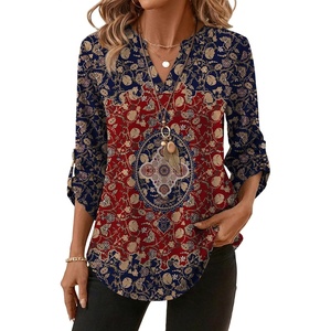 image:imageXIEERDUO 34 Length Sleeve Womens Tops V Neck T Shirts Both Side Buttons Blouses Business Casual Outfits Loose FitZ Wine Print