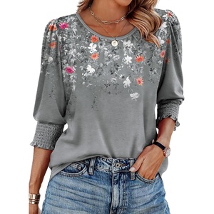 image:imageXIEERDUO Blouses for Women Dressy Casual 34 Length Sleeve Womens Tops with Smocked CuffsFloral Grey