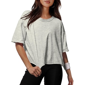 image:imageXIEERDUO Cotton Tshirts for Women Drop Shoulder Round Neck Oversized Crop Tops Workout Tops TeesHeather Grey