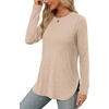image:imageXIEERDUO Womens Long Sleeve Round Neck Shirts Side Split Basic Loose Tunic Tops Casual 2026Beige