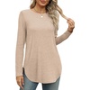image:imageXIEERDUO Womens Long Sleeve Round Neck Shirts Side Split Basic Loose Tunic Tops Casual 2026Beige
