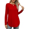 image:imageXIEERDUO Womens Long Sleeve Round Neck Shirts Side Split Basic Loose Tunic Tops Casual 2026Red
