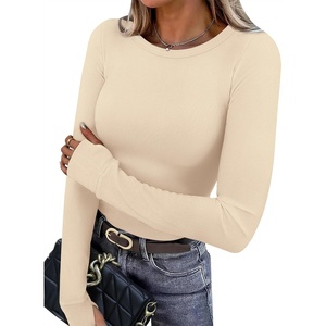 image:imageXIEERDUO Long Sleeve Thermal Shirt for Women Fleece Slim Fit Tops Crewneck Basic TShirts with Thumb Holes Fall Fashion 2026Beige