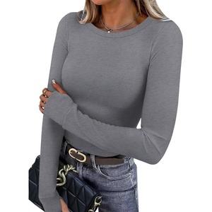 image:imageXIEERDUO Long Sleeve Thermal Shirt for Women Fleece Slim Fit Tops Crewneck Basic TShirts with Thumb Holes Fall Fashion 2026Gray