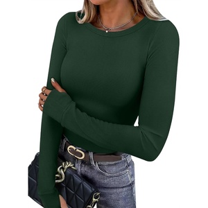 image:imageXIEERDUO Long Sleeve Thermal Shirt for Women Fleece Slim Fit Tops Crewneck Basic TShirts with Thumb Holes Fall Fashion 2026Green