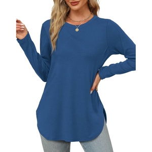 image:imageXIEERDUO Womens Long Sleeve Round Neck Shirts Side Split Basic Loose Tunic Tops Casual 2026Blue