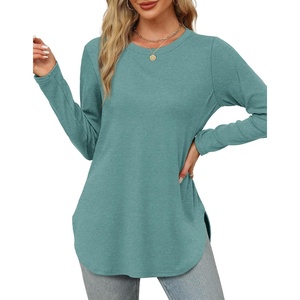 image:imageXIEERDUO Womens Long Sleeve Round Neck Shirts Side Split Basic Loose Tunic Tops Casual 2026Blue Green