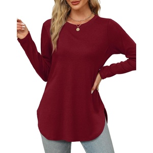 image:imageXIEERDUO Womens Long Sleeve Round Neck Shirts Side Split Basic Loose Tunic Tops Casual 2026Burgundy
