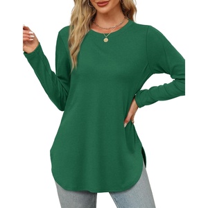 image:imageXIEERDUO Womens Long Sleeve Round Neck Shirts Side Split Basic Loose Tunic Tops Casual 2026Green