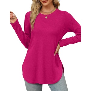 image:imageXIEERDUO Womens Long Sleeve Round Neck Shirts Side Split Basic Loose Tunic Tops Casual 2026Hot Pink