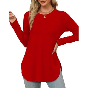 image:imageXIEERDUO Womens Long Sleeve Round Neck Shirts Side Split Basic Loose Tunic Tops Casual 2026Red