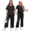 image:imageXIEERDUO Womens 2 Piece Outfits Summer Lounge Sets Side Slit Loungewear  Short Sleeve Top Matching Wide Leg Capri PantsA Black