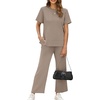 image:imageXIEERDUO Womens 2 Piece Outfits Summer Lounge Sets Side Slit Loungewear  Short Sleeve Top Matching Wide Leg Capri PantsA Khaki