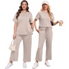 image:imageXIEERDUO Womens 2 Piece Outfits Summer Lounge Sets Side Slit Loungewear  Short Sleeve Top Matching Wide Leg Capri PantsApricot