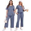image:imageXIEERDUO Womens 2 Piece Outfits Summer Lounge Sets Side Slit Loungewear  Short Sleeve Top Matching Wide Leg Capri PantsBlue