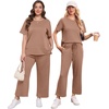 image:imageXIEERDUO Womens 2 Piece Outfits Summer Lounge Sets Side Slit Loungewear  Short Sleeve Top Matching Wide Leg Capri PantsBrown