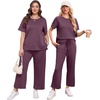 image:imageXIEERDUO Womens 2 Piece Outfits Summer Lounge Sets Side Slit Loungewear  Short Sleeve Top Matching Wide Leg Capri PantsDark Purple