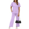 image:imageXIEERDUO Womens 2 Piece Outfits Summer Lounge Sets Side Slit Loungewear  Short Sleeve Top Matching Wide Leg Capri PantsLight Purple