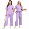 image:imageXIEERDUO Womens 2 Piece Outfits Summer Lounge Sets Side Slit Loungewear  Short Sleeve Top Matching Wide Leg Capri PantsLight Purple