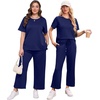 image:imageXIEERDUO Womens 2 Piece Outfits Summer Lounge Sets Side Slit Loungewear  Short Sleeve Top Matching Wide Leg Capri PantsNavy
