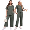 image:imageXIEERDUO Womens 2 Piece Outfits Summer Lounge Sets Side Slit Loungewear  Short Sleeve Top Matching Wide Leg Capri PantsRock Green