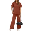image:imageXIEERDUO Womens 2 Piece Outfits Summer Lounge Sets Side Slit Loungewear  Short Sleeve Top Matching Wide Leg Capri PantsRust