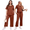 image:imageXIEERDUO Womens 2 Piece Outfits Summer Lounge Sets Side Slit Loungewear  Short Sleeve Top Matching Wide Leg Capri PantsRust