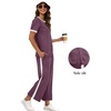 image:imageXIEERDUO Womens 2 Piece Outfits Summer Lounge Sets Side Slit Loungewear  Short Sleeve Top Matching Wide Leg Capri PantsStripe Purple