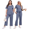 image:imageXIEERDUO Womens 2 Piece Outfits Summer Lounge Sets Side Slit Loungewear  Short Sleeve Top Matching Wide Leg Capri PantsUnique Blue