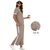image:imageXIEERDUO Womens 2 Piece Outfits Summer Lounge Sets Side Slit Loungewear  Short Sleeve Top Matching Wide Leg Capri PantsUnique Khaki