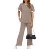 image:imageXIEERDUO Womens 2 Piece Outfits Summer Lounge Sets Side Slit Loungewear  Short Sleeve Top Matching Wide Leg Capri PantsUnique Khaki