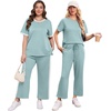image:imageXIEERDUO Womens 2 Piece Outfits Summer Lounge Sets Side Slit Loungewear  Short Sleeve Top Matching Wide Leg Capri PantsUnique Turquoise
