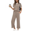 image:imageXIEERDUO Womens 2 Piece Outfits Summer Lounge Sets Side Slit Loungewear  Short Sleeve Top Matching Wide Leg Capri PantsUnique Khaki