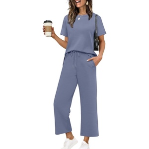 image:imageXIEERDUO Womens 2 Piece Outfits Summer Lounge Sets Side Slit Loungewear  Short Sleeve Top Matching Wide Leg Capri PantsBlue
