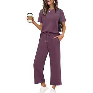 image:imageXIEERDUO Womens 2 Piece Outfits Summer Lounge Sets Side Slit Loungewear  Short Sleeve Top Matching Wide Leg Capri PantsDark Purple