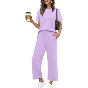 image:imageXIEERDUO Womens 2 Piece Outfits Summer Lounge Sets Side Slit Loungewear  Short Sleeve Top Matching Wide Leg Capri PantsLight Purple
