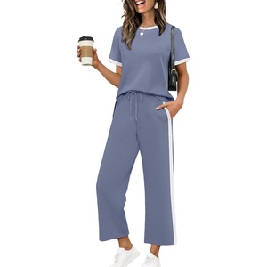 image:imageXIEERDUO Womens 2 Piece Outfits Summer Lounge Sets Side Slit Loungewear  Short Sleeve Top Matching Wide Leg Capri PantsUnique Blue