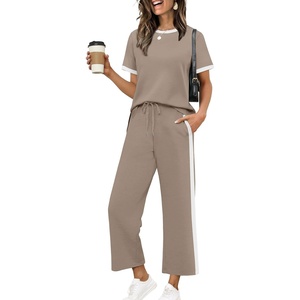 image:imageXIEERDUO Womens 2 Piece Outfits Summer Lounge Sets Side Slit Loungewear  Short Sleeve Top Matching Wide Leg Capri PantsUnique Khaki