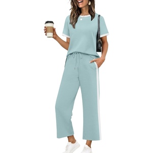 image:imageXIEERDUO Womens 2 Piece Outfits Summer Lounge Sets Side Slit Loungewear  Short Sleeve Top Matching Wide Leg Capri PantsUnique Turquoise