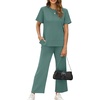 image:imageXIEERDUO Womens 2 Piece Outfits Summer Lounge Sets Side Slit Loungewear  Short Sleeve Top Matching Wide Leg Capri PantsDeep Green