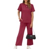 image:imageXIEERDUO Womens 2 Piece Outfits Summer Lounge Sets Side Slit Loungewear  Short Sleeve Top Matching Wide Leg Capri PantsRed