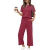 image:imageXIEERDUO Womens 2 Piece Outfits Summer Lounge Sets Side Slit Loungewear  Short Sleeve Top Matching Wide Leg Capri PantsRed
