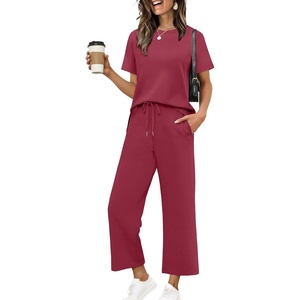 image:imageXIEERDUO Womens 2 Piece Outfits Summer Lounge Sets Side Slit Loungewear  Short Sleeve Top Matching Wide Leg Capri PantsRed