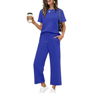 image:imageXIEERDUO Womens 2 Piece Outfits Summer Lounge Sets Side Slit Loungewear  Short Sleeve Top Matching Wide Leg Capri PantsRoyal Blue