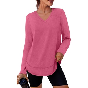 image:imageXIEERDUO Womens Workout Tops Long Sleeve Sun Protection Dry Fit Running Gym  V Neck Uv Sun Protection Fitness clothing Moisture wicking Dry Fit Gym shirts Yoga clothes UPF 50 Pilates outfits07 Watermelon Pink