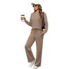 image:imageXIEERDUO Womens 2 Piece Outfits Fall Lounge Sets Cozy Side Slit Loungewear  Long Sleeve Side Slit Top Matching Wide Leg Pants Loose Track Suits Winter Fashion Clothing Travel Airport Vacation WearA Khaki