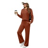 image:imageXIEERDUO Womens 2 Piece Outfits Fall Lounge Sets Cozy Side Slit Loungewear  Long Sleeve Side Slit Top Matching Wide Leg Pants Loose Track Suits Winter Fashion Clothing Travel Airport Vacation WearCaramel