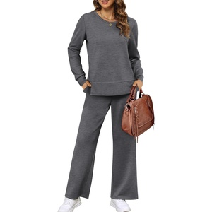 image:imageXIEERDUO Womens 2 Piece Outfits Fall Lounge Sets Cozy Side Slit Loungewear  Long Sleeve Side Slit Top Matching Wide Leg Pants Loose Track Suits Winter Fashion Clothing Travel Airport Vacation WearB Dark Grey