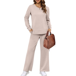 image:imageXIEERDUO Womens 2 Piece Outfits Fall Lounge Sets Cozy Side Slit Loungewear  Long Sleeve Side Slit Top Matching Wide Leg Pants Loose Track Suits Winter Fashion Clothing Travel Airport Vacation WearApricot